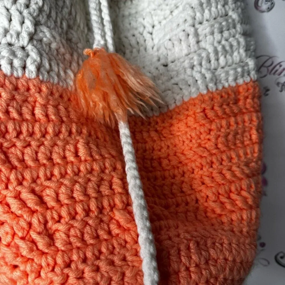 Tote handmade puff tassle Pom Pom Orange and White Crochet Shoulder Bag